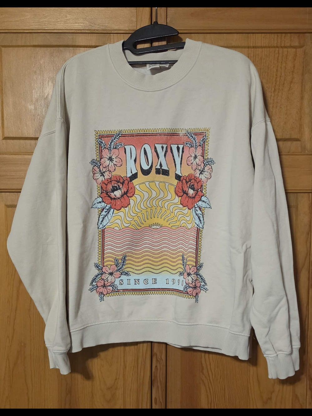 Roxy Graphic Crewneck Sweatshirt - Cream with Coral & Yellow Print